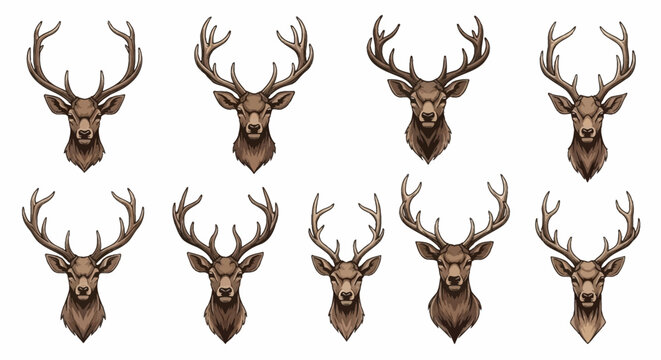 Collection of nine vintage deer head illustrations with large antlers. Frontal view of stags and bucks in a woodcut vector style on a white background for hunting emblems or logos.