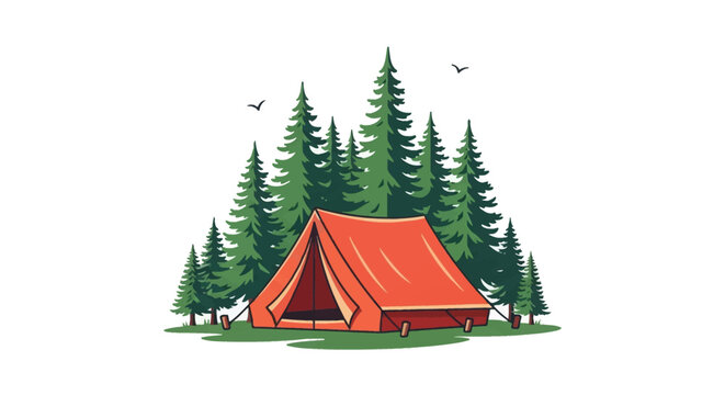 Vector illustration of a classic orange A-frame camping tent set up in a lush green pine forest clearing with birds flying overhead, isolated on a clean white background.