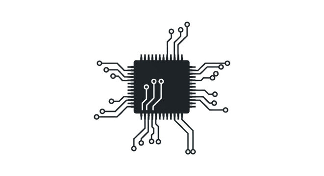 Black silhouette of a square microchip central processing unit with integrated circuit board traces and circular connection points isolated on a solid white background for tech.