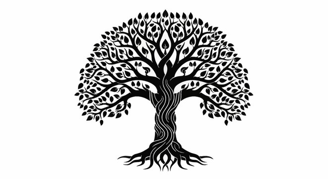 Black vector illustration of a tree of life with a gnarled twisted trunk, symmetrical dense leafy canopy, and intricate root system, isolated on a white background, tribal style.