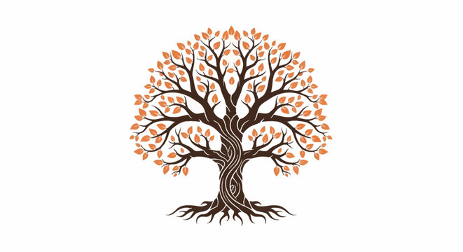 Stylized tree of life vector with gnarled dark brown branches, orange autumnal leaves, and intricate root system isolated on white, symbolizing nature, growth, and ancestry.