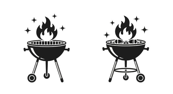 Black and white vector set of two charcoal barbecue kettle grill icons with fire flames and decorative stars. One grill features a rotisserie skewer. Isolated on white background.