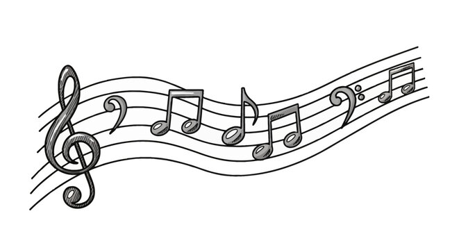 Hand-drawn music notes on a wavy five-line staff featuring a treble clef, bass clef, eighth notes, and beamed notes in a black and grey sketch style isolated on white.