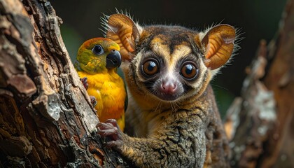 Fototapeta premium Adorable Spectacled Owl and Lemur in a Lush Forest Habitat.