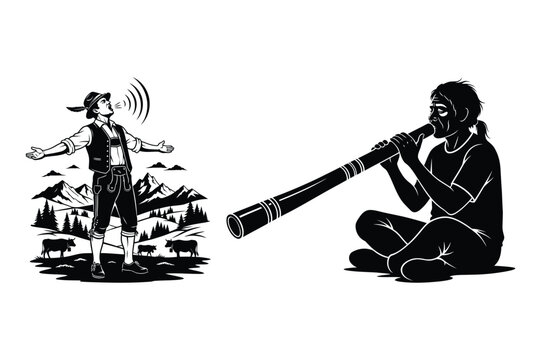 Yodeler and didgeridoo player icons vector with wind instrument