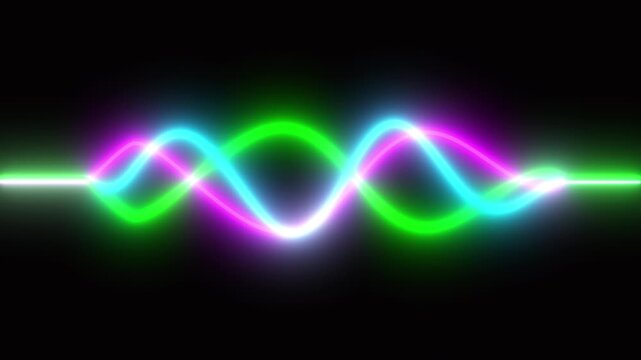 Abstract glowing waves oscillating on a black background, representing sound frequencies, electromagnetic signals, or energy visualization with a seamless looping motion effect