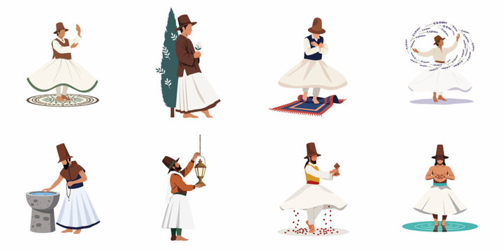Collection of Sufi Whirling Dervish illustrations depicting various spiritual practices, rituals, and the Sema dance in a clean, flat vector style.