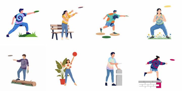 Diverse group of people in colorful tie-dye shirts playing with flying discs and frisbees, flat vector character set on white background.