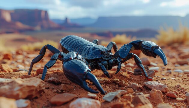 Close-up of a black scorpion on a rocky desert landscape.