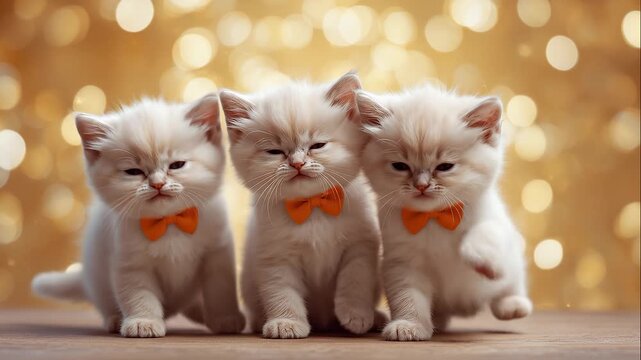 Three adorable fluffy white kittens with orange bows sit on a wooden surface against a warm, glowing, bokeh background