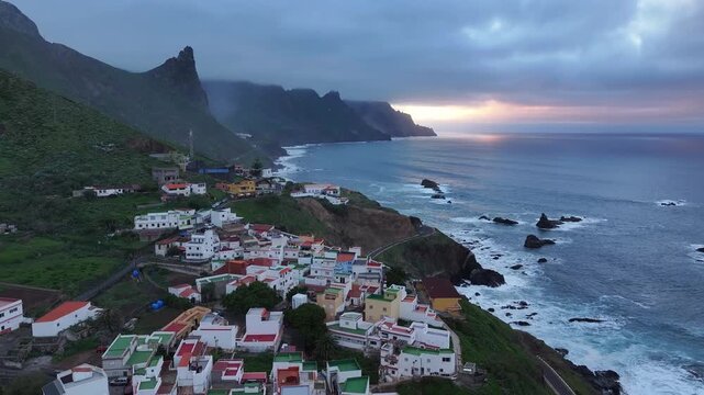 Almaciga village in Anaga Rural Park in Tenerife. Canary Islands. Aerial video.