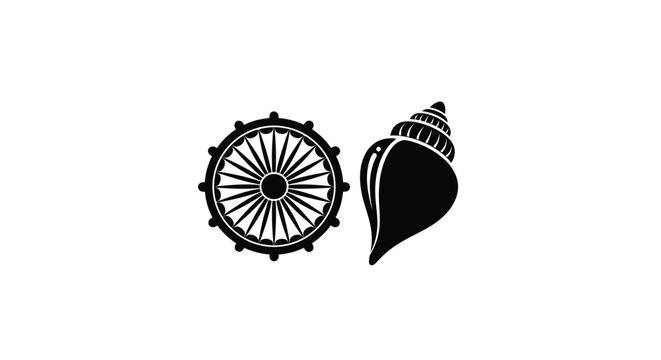 Buddhist symbols of dharma wheel and conch shell in black silhouette