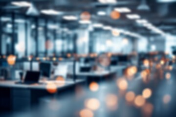 Obraz premium Blurred office interior with warm bokeh lights, modern workspace