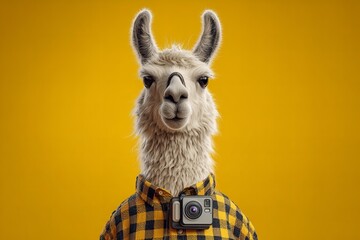 Fototapeta premium A llama wearing a plaid shirt and a camera poses against a yellow background