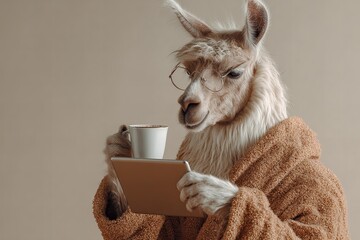 Fototapeta premium Llama in a bathrobe wearing glasses, holding a coffee cup and tablet