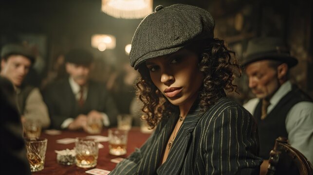 Glamorous woman in flat cap and pinstripe suit plays poker with men in dimly lit room