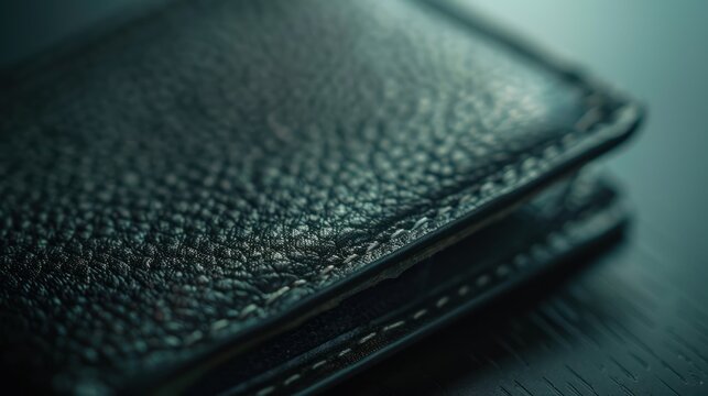 Close-up of a well-worn, dark leather wallet on a flat surface, with texture visible