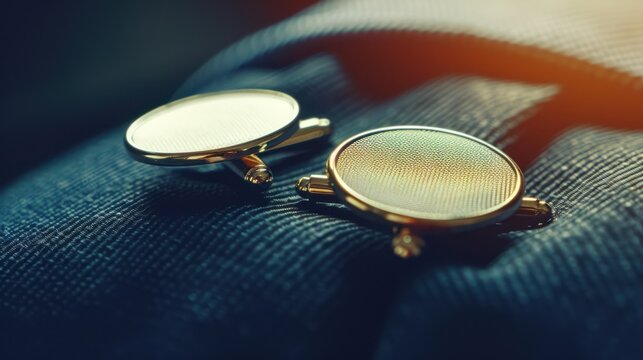 Close-up of stylish gold cufflinks on the sleeve of a classic blue suit jacket