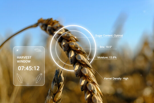 Digital agriculture dashboard showing harvest window metrics brix sugar content and kernel density for smart farming management