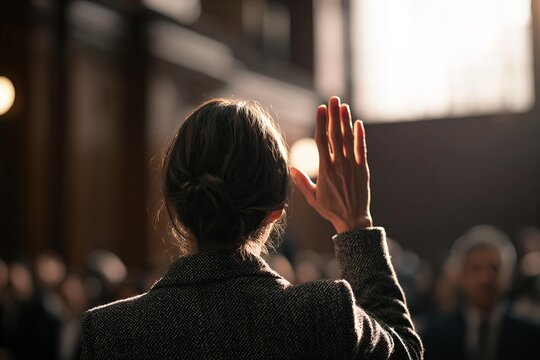 Witness raises hand in court to give testimony under dramatic lighting