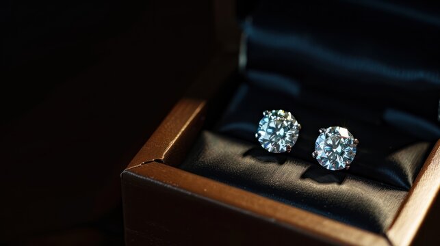 Close-up of diamond earrings displayed inside a wooden jewelry box