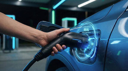 Fototapeta premium Electric vehicle charging with advanced technology showing battery status