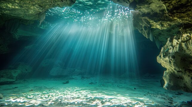Sunbeams pierce a submerged cave's opening, illuminating the ocean depths with radiant light