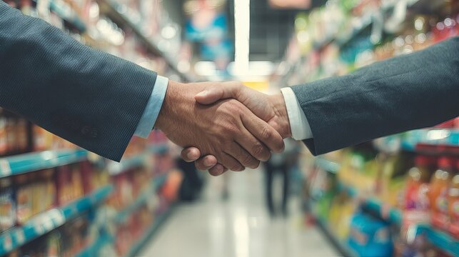 Two businessmen shaking hands in a grocery store aisle with shelves of products in the background