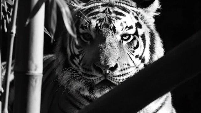 A close-up black and white portrait of a tiger peeking through bars and foliage in a dark environment.