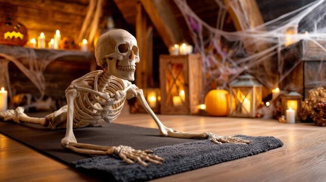 Skeleton Practicing Yoga Poses on Mat in Haunted Setting