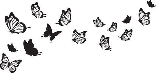 Fototapeta premium A set of black vector silhouettes featuring leaves and butterflies creates a natural summer pattern for spring decoration and art