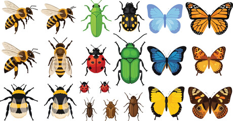 Fototapeta premium A diverse collection of cartoon insect illustrations featuring isolated butterflies, dragonflies, and beetles designed in a seamless nature pattern
