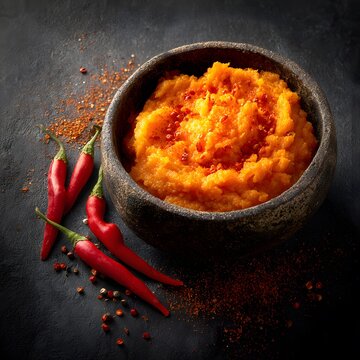 Delve into warm flavor of Peruvian aji soso rich corn sweet potato puree infused spicy burst of aji amarillo pepper clean professional stock photo sharp macro photography style cinematic realism ultra