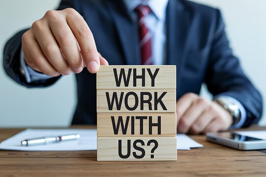 A professional businessman presents a question about partnership opportunities with wooden blocks