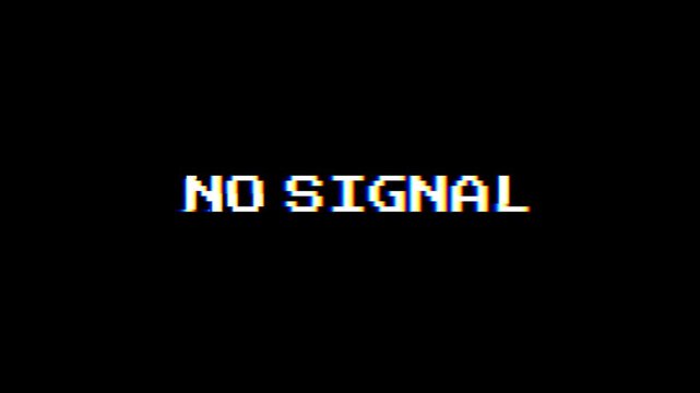 Retro television screen displaying a 'No Signal' message with classic broadcast error visuals, featuring static interference and digital glitch effects, evoking vintage media disruption