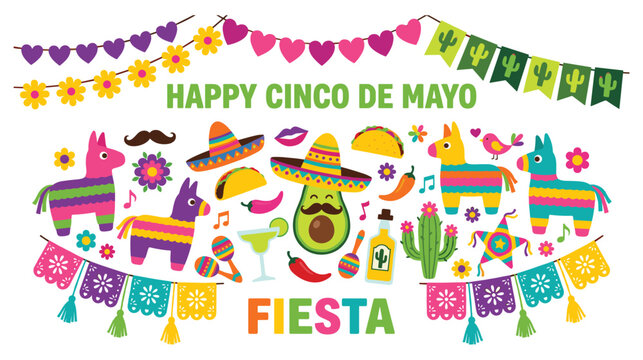Mexican fiesta elements for cinco de mayo celebration with pinatas