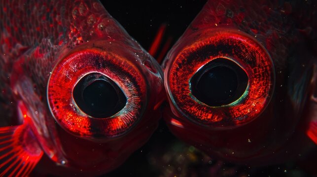 Close-up of two glowing red eyes of fish set against a dark, undefined background