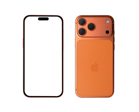 Front and back view of the orange Apple iPhone 17 Pro Max conceptual smartphone featuring a transparent background - Sonora, Mexico - March 19, 2026