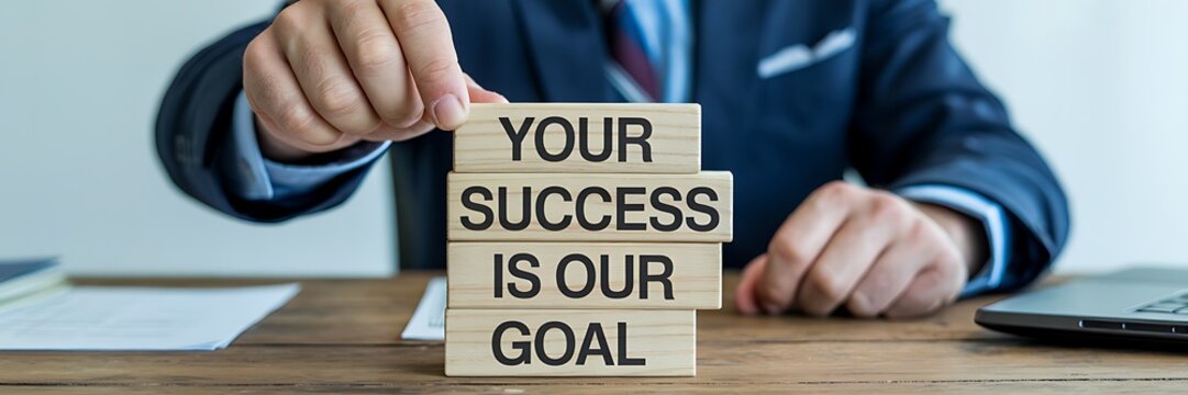 Business professional carefully stacks wooden blocks forming an inspirational success statement