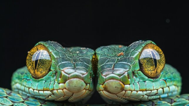 Close-up of two bright green vipers with large, striking yellow eyes against a black background