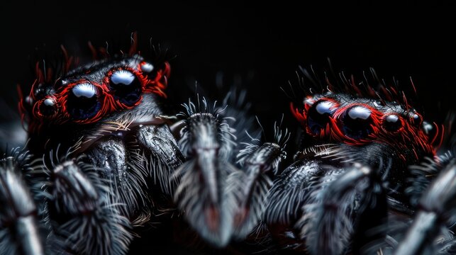 Close-up macro photograph highlighting striking details of two jumping spiders