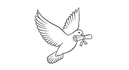 Fototapeta premium Flying Dove with Scroll Line Art Drawing.