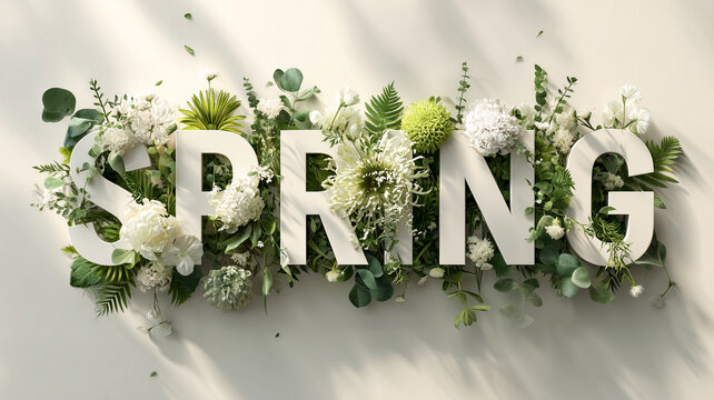 Floral arrangement featuring the word SPRING made of white letters surrounded by various green leaves and white flowers on a light background