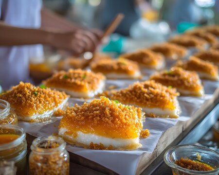 Discover small shop offering authentic delicate Thai Khanom Buang crispy rice flour pancake topped coconut custard clean professional stock photo sharp macro photography style cinematic realism ultra