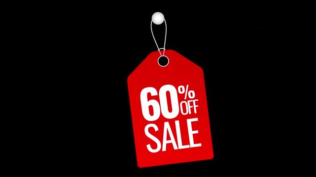 Animated discount badge, 60 % off red shopping sticker motion graphic with alpha channel.