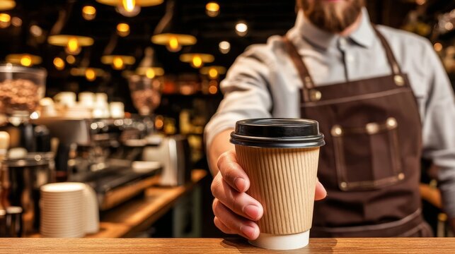 Barista Leaning Over Counter, Pointing Toward Empty Space in Cafe