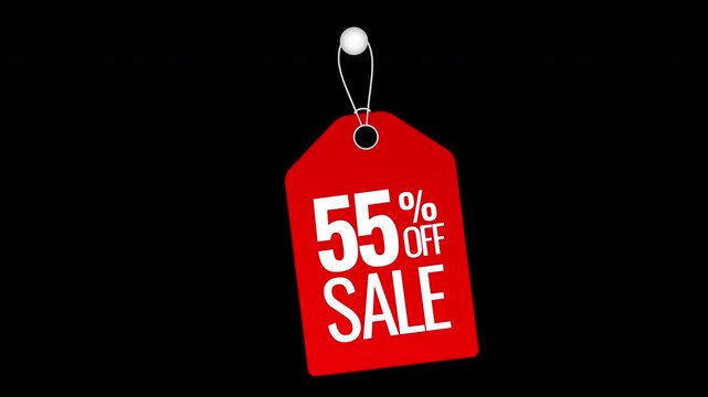 Animated discount badge, 55 % off red shopping sticker motion graphic with alpha channel.