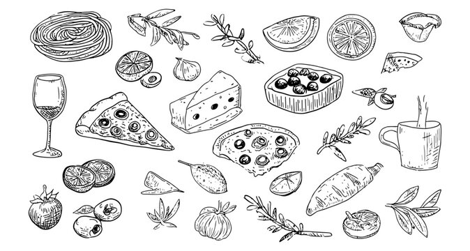 Hand drawn Mediterranean food set with Italian cuisine sketch elements including pizza pasta olives and wine, mediterranean food, italian food, restaurant, menu