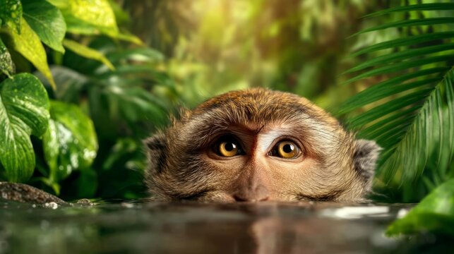Curious Monkey Gazing into Reflective Pool in Lush Jungle Setting