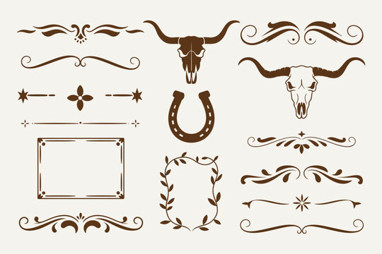 Vintage Western scrollwork vector set featuring ornate dividers, flourishes, longhorn skull, and horseshoe ornaments for rustic design, cowboy themes, rodeo projects, and decorative illustration